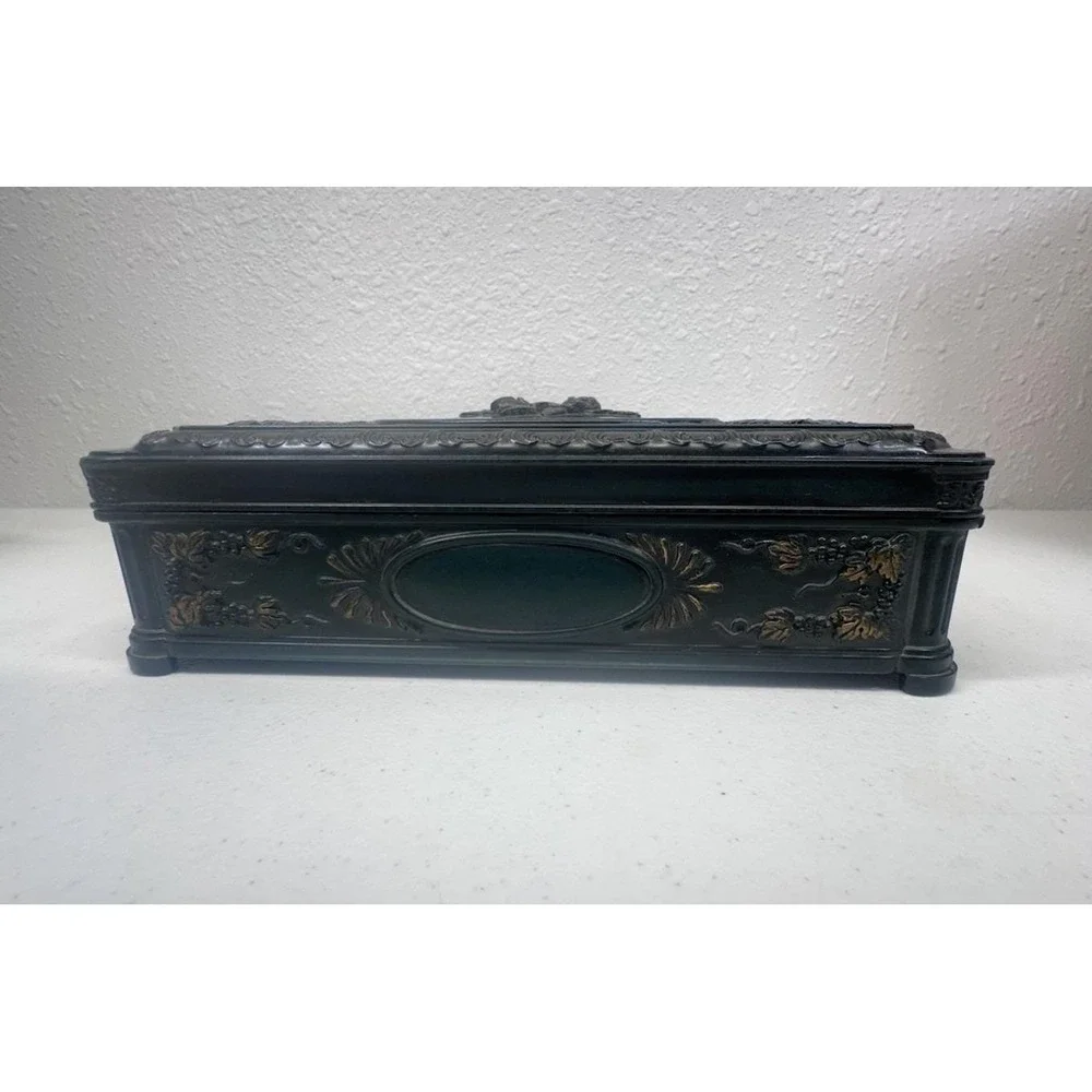 Vintage Ornate Floral Embossed Celluloid Jewelry Box with Rose Bronzing Taiwan